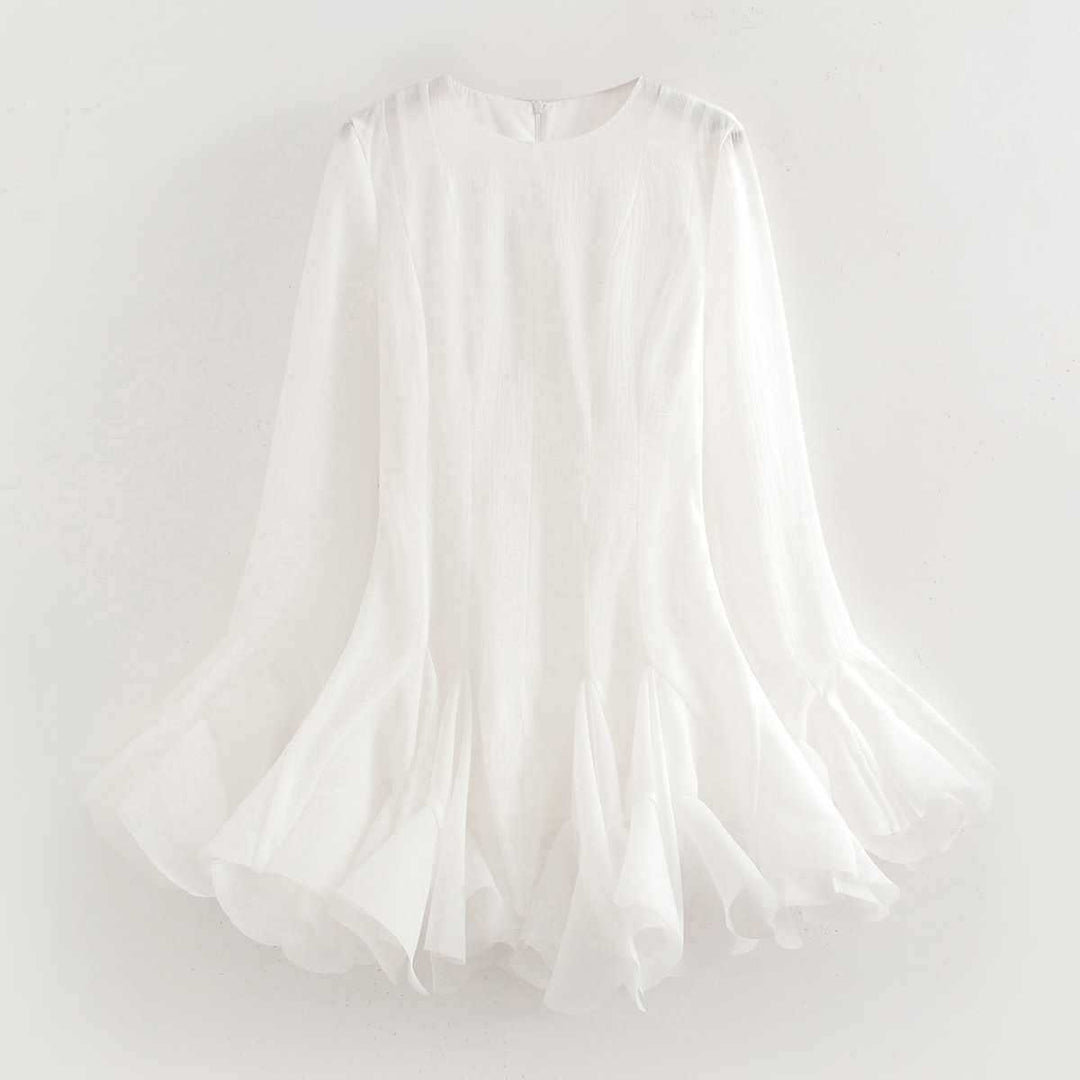 Damen kurzes Kleid mit voluminösen Rüschenschößen und langen Ärmeln Fudus