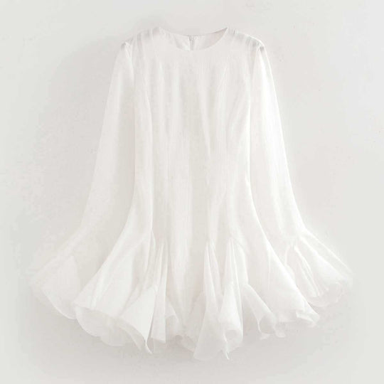 Damen kurzes Kleid mit voluminösen Rüschenschößen und langen Ärmeln Fudus