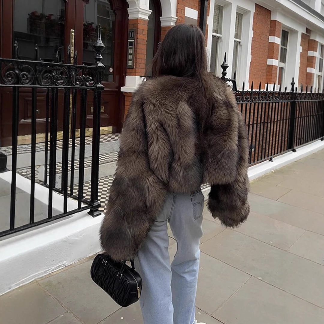 Damen Kuschelige Kunstfelljacke mit weiten Ärmeln Fudus