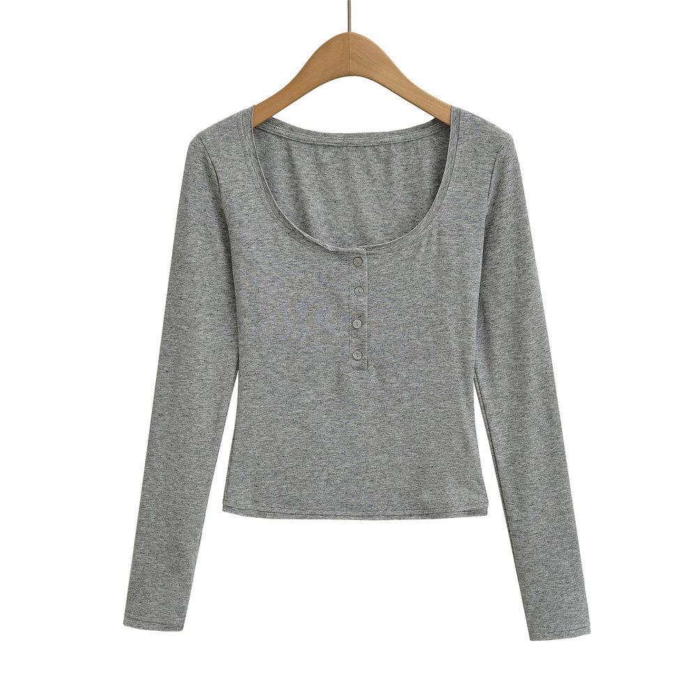 Damen langärmliges Basic-Oberteil mit Rundhalsausschnitt und Knopfleiste Fudus