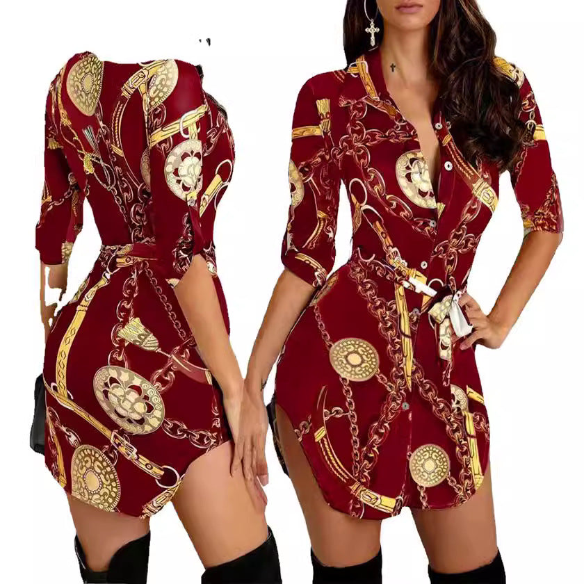 Fudus | Elegantes Goldkette Mid-Length Bedrucktes Kleid