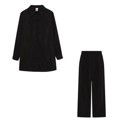 Damen Satin Pyjama Set mit langärmliger Bluse und weiten Hosen Fudus