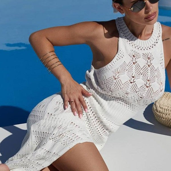 Damen Häkel-Maxikleid mit elegantem Schlitz und sportlichem Kragen Fudus