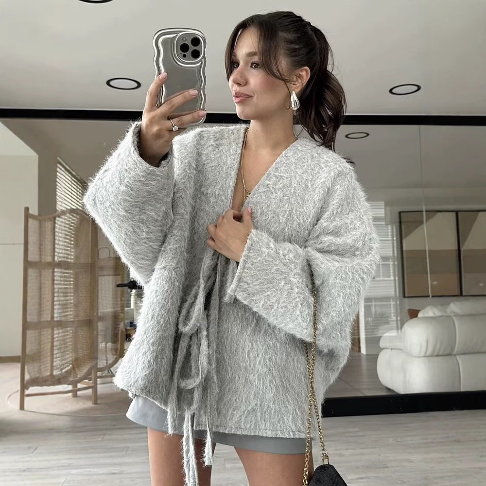 Damen kuschelige Strickjacke mit modischem Bindegürtel Fudus