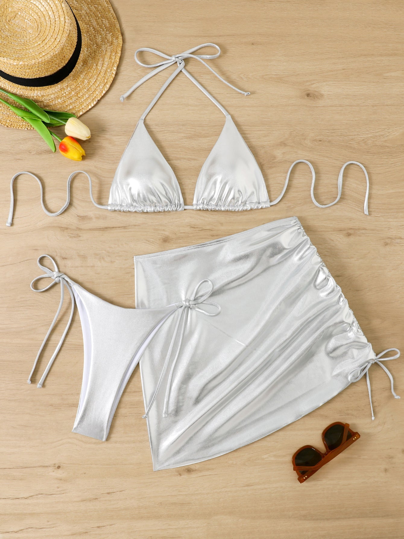Bikini Set Damen Schimmernd Triangle Wickelrock