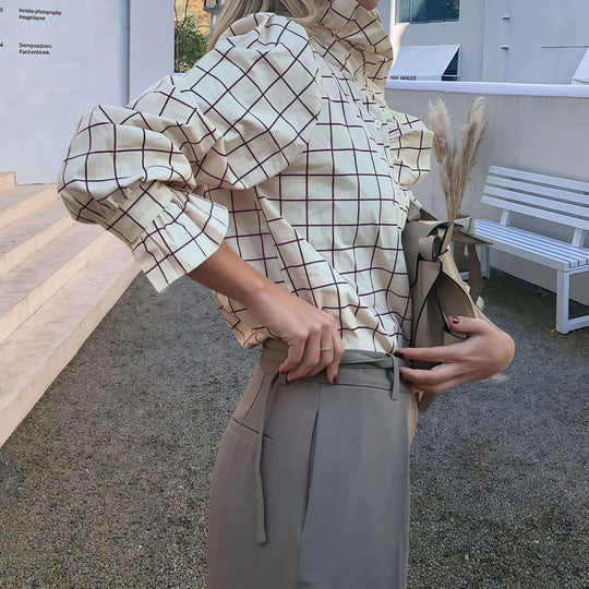 Damen Karierte Bluse mit eleganten Rüschendetails Fudus
