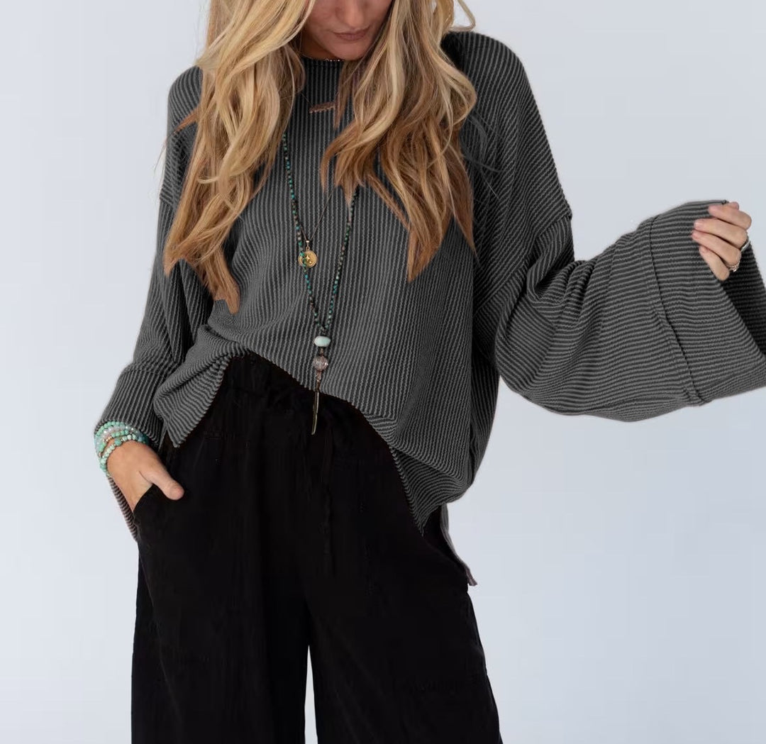 Damen kuscheliger Strickpullover mit weiten Ärmeln und Rippstruktur Fudus