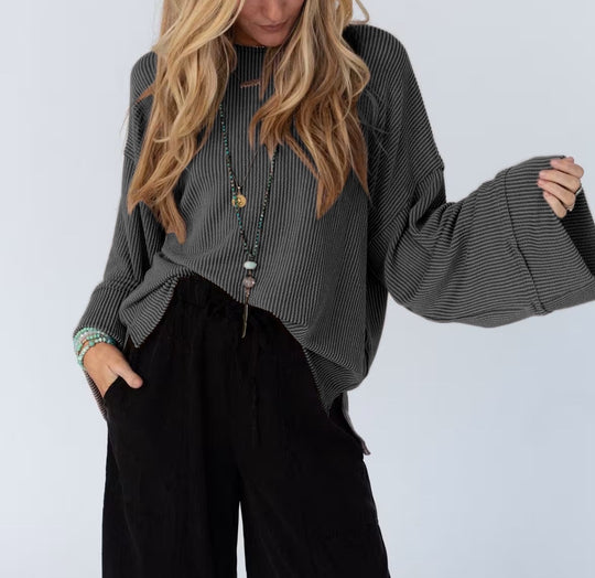 Damen kuscheliger Strickpullover mit weiten Ärmeln und Rippstruktur Fudus