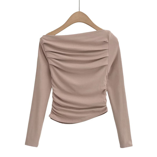 Damen langärmliges Oberteil mit gerafftem Design und asymmetrischem Ausschnitt Fudus