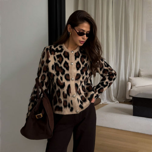 Damen kuschelige Leopardenmuster Strickjacke mit eleganten Knöpfen Fudus