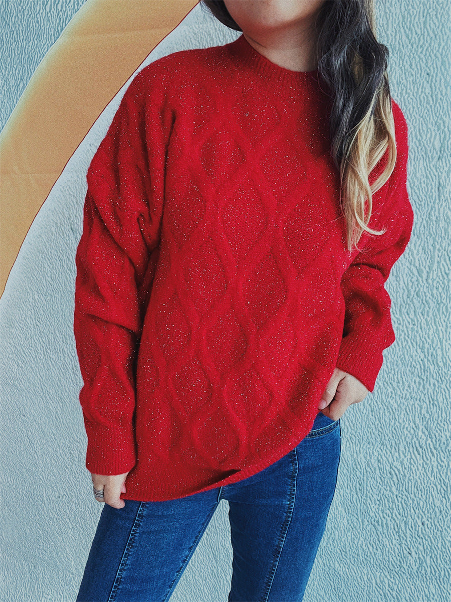 Damen Grobstrickpullover mit elegantem Rautenmuster und voluminösen Ärmeln Fudus