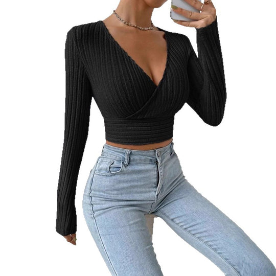 Damen Langarm-Crop-Top mit schmeichelndem Wickeldesign Fudus