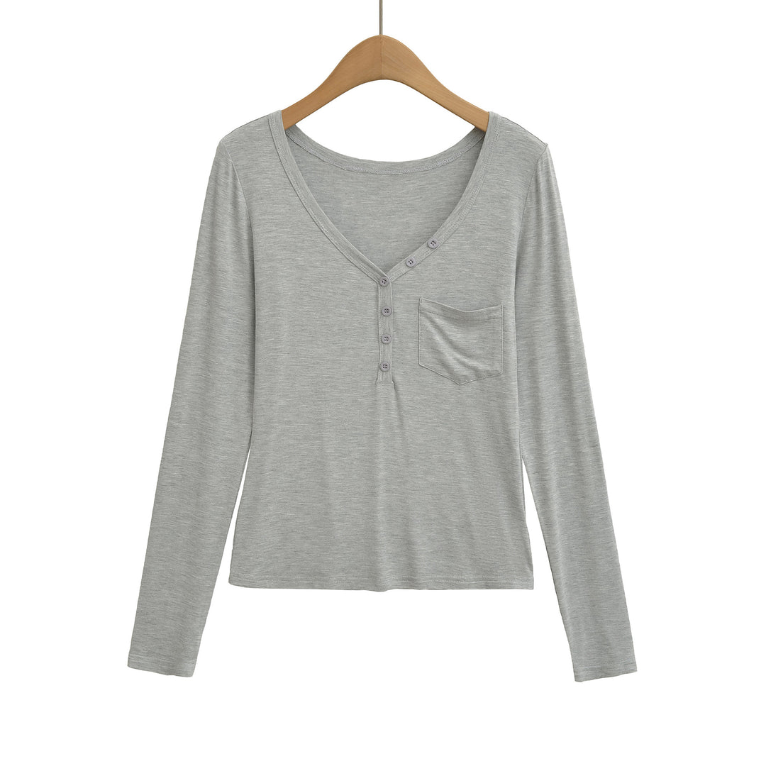 Damen langärmliges Basic-T-Shirt mit Knopfleiste und tiefem V-Ausschnitt Fudus