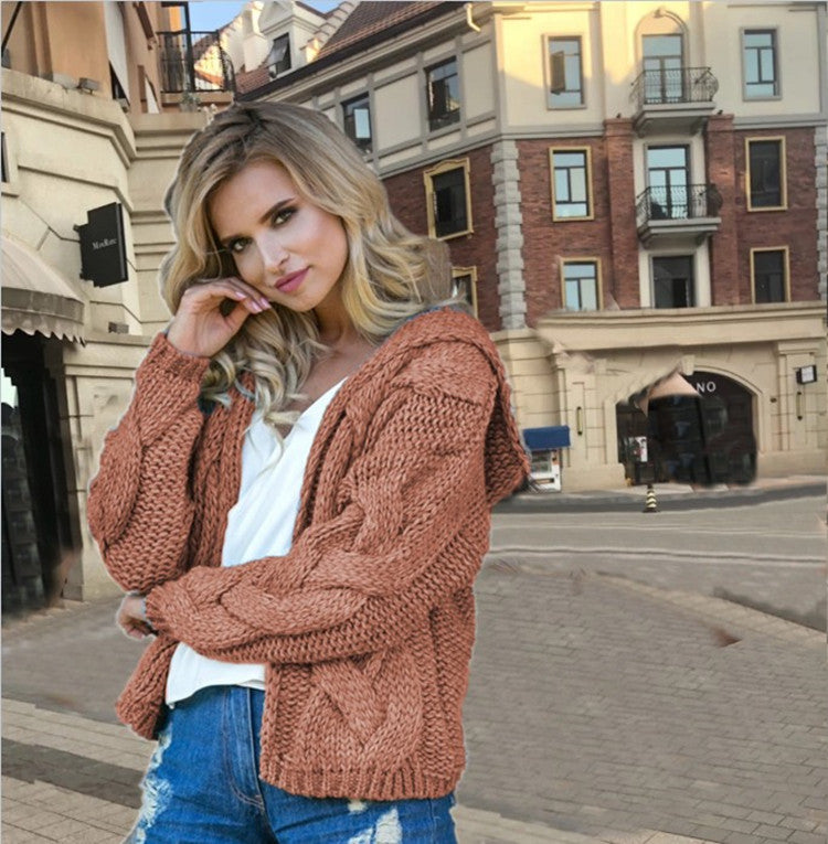 Damen Grobstrickjacke mit Kapuze und elegantem Zopfmuster Fudus