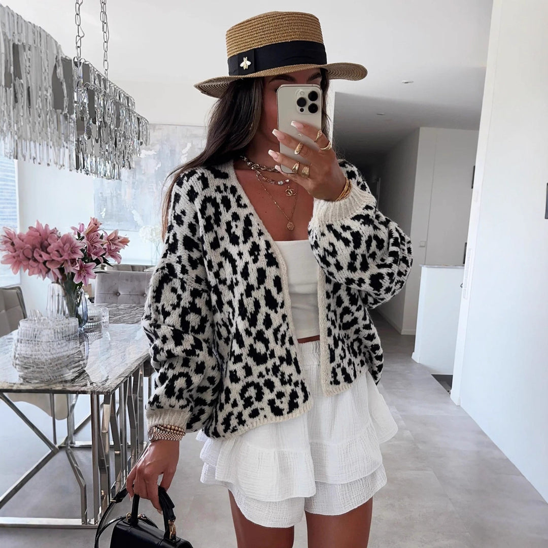 Damen lässige Strickjacke im Leopardenmuster Fudus