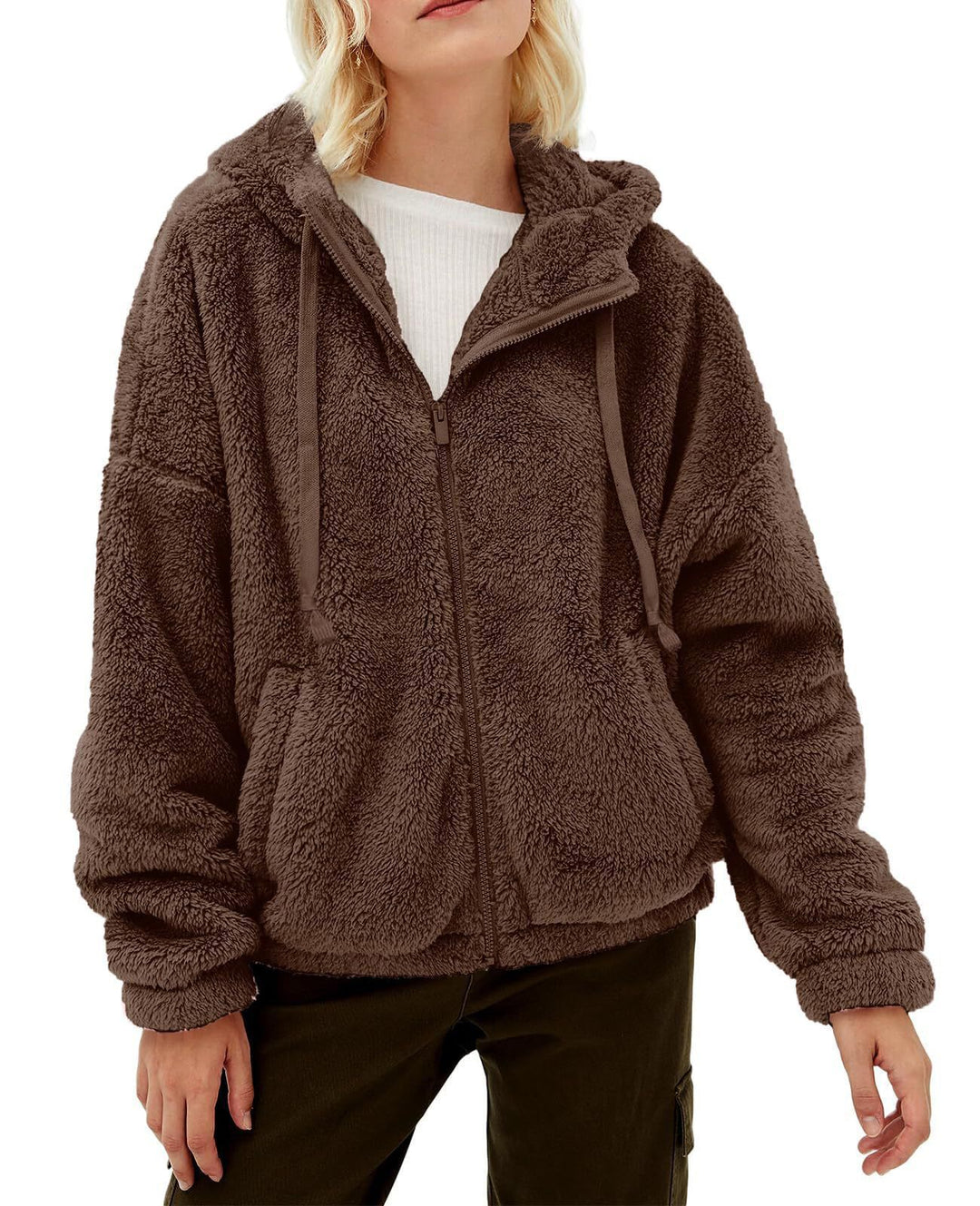 Damen Kuscheljacke mit Kapuze und seitlichen Taschen Fudus