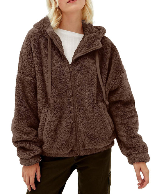 Damen Kuscheljacke mit Kapuze und seitlichen Taschen Fudus