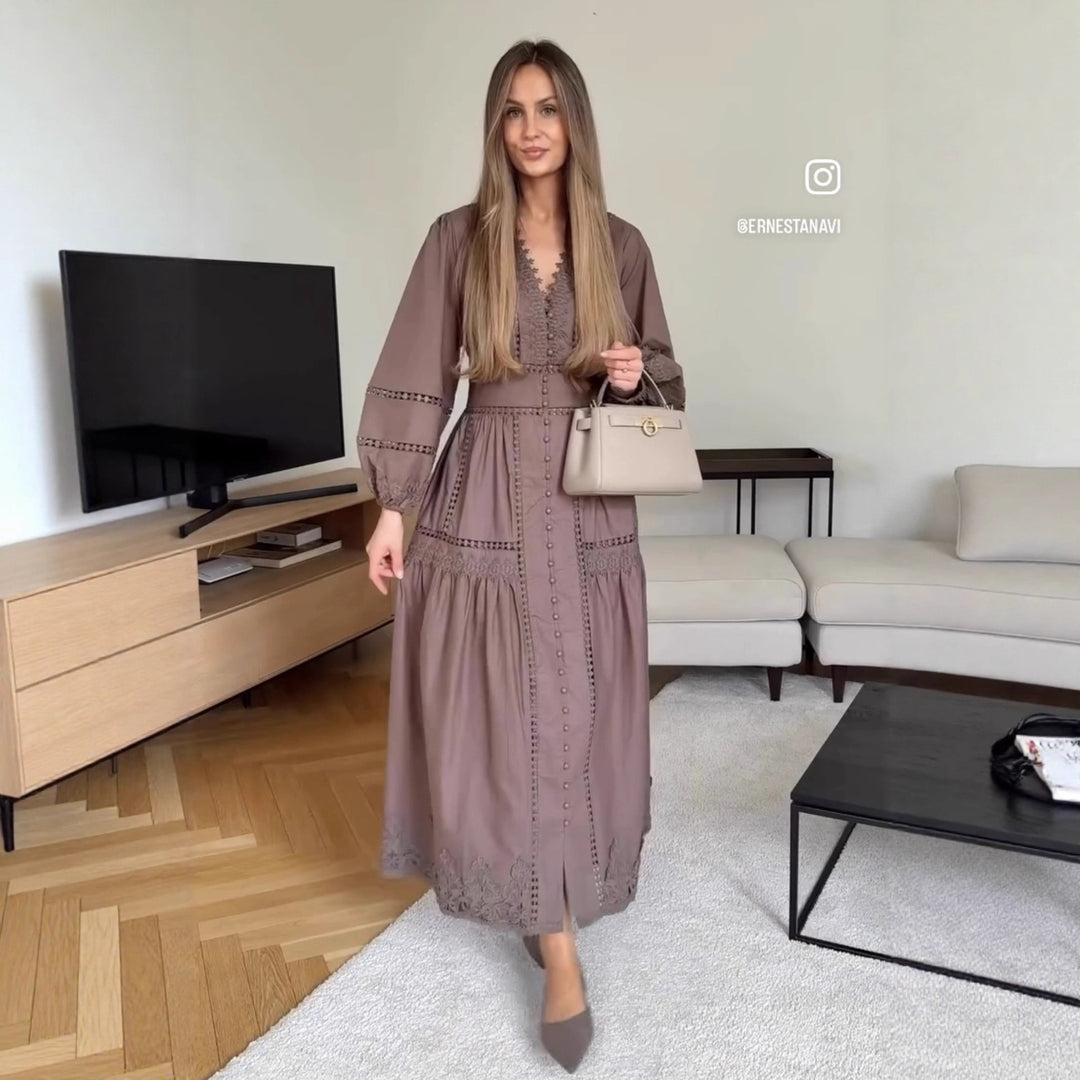 Damen langärmliges Maxikleid mit elegantem Spitzenbesatz und Rüschendetails Fudus