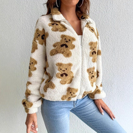 Damen kuschelige Fleecejacke mit Bärenmuster und durchgehendem Reißverschluss Fudus