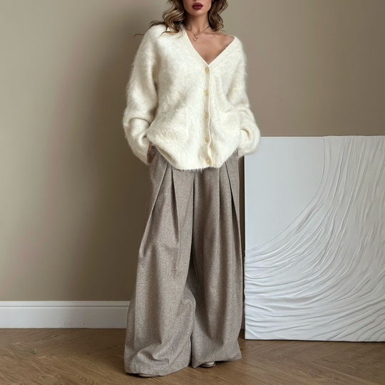 Damen kuschelige Strickjacke mit oversize Schnitt und Knopfleiste Fudus