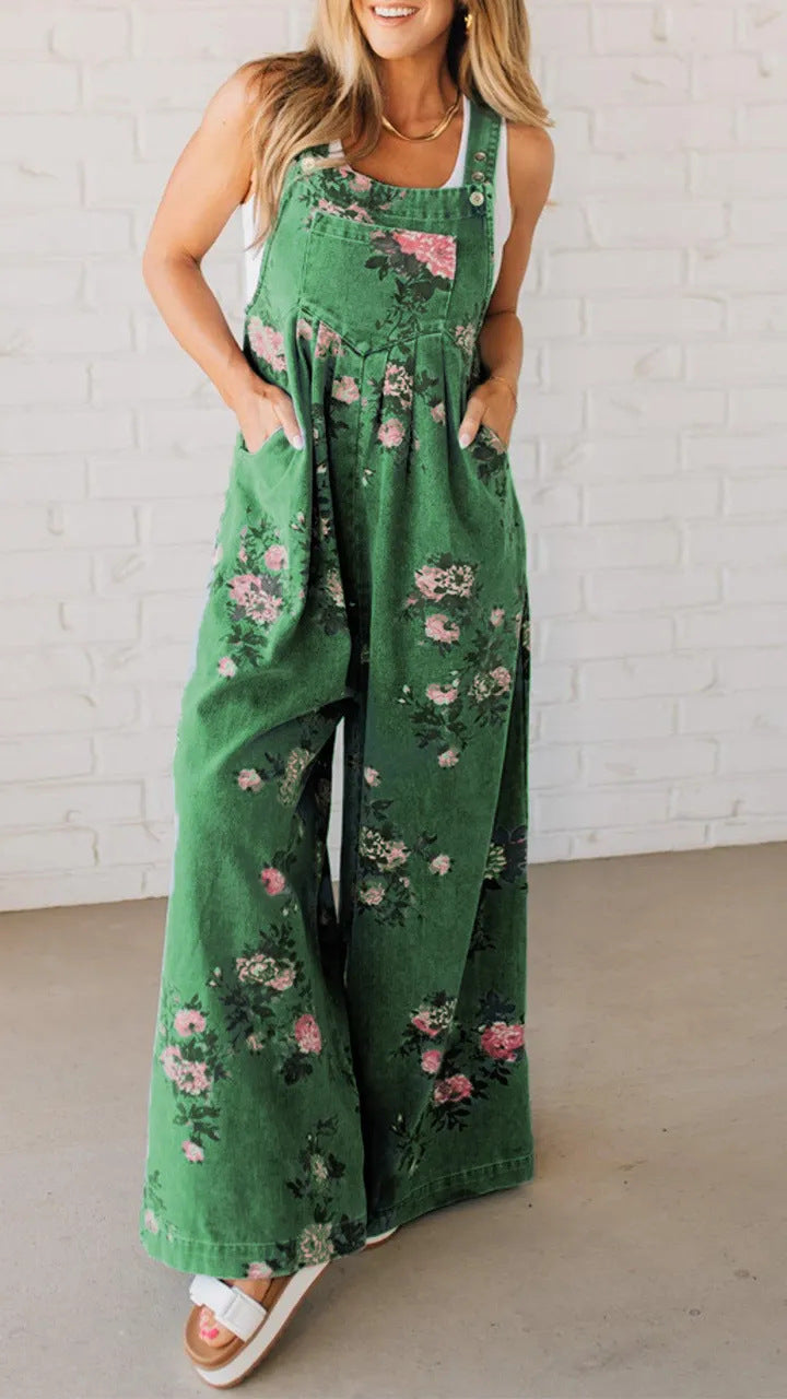 Damen Jeans-Latzhose mit floralem Design und weitem Bein