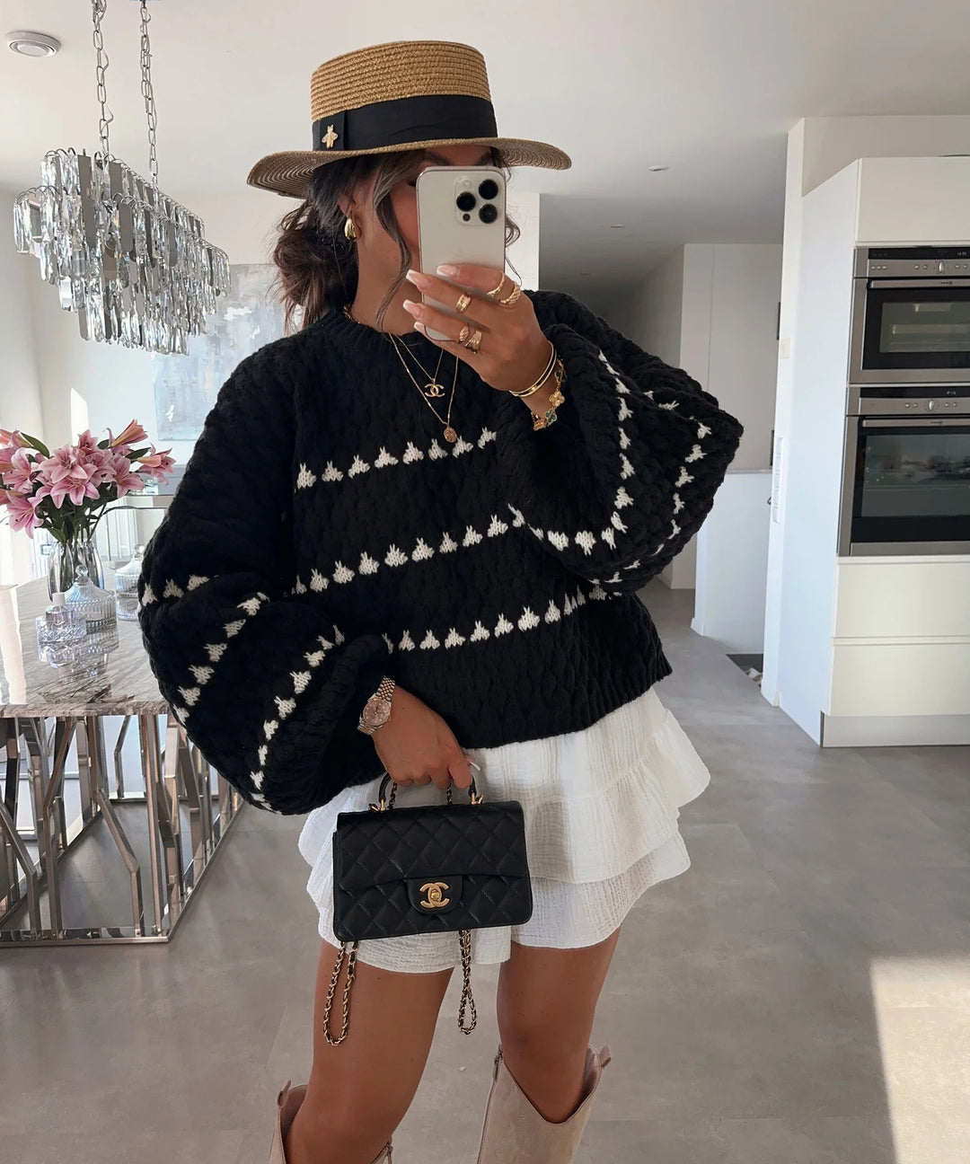 Damen Grobstrickpullover mit voluminösen Ärmeln und strukturiertem Muster Fudus