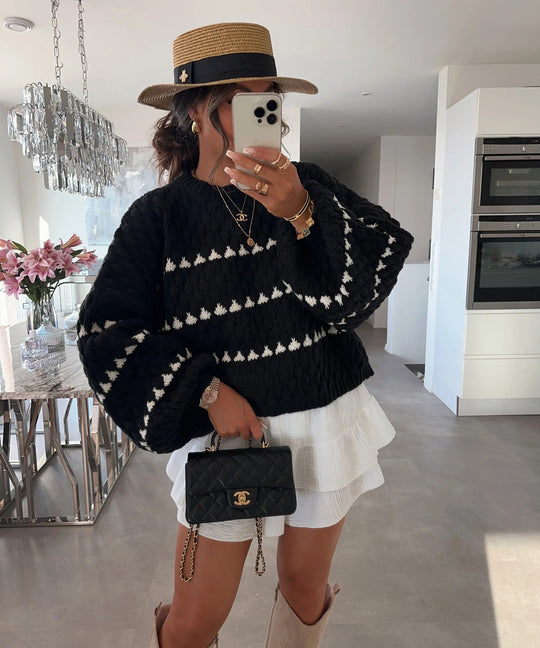 Damen Grobstrickpullover mit voluminösen Ärmeln und strukturiertem Muster Fudus