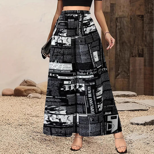 Damen Langer Plissierter Rock mit modischem Zeitungsdruck Fudus