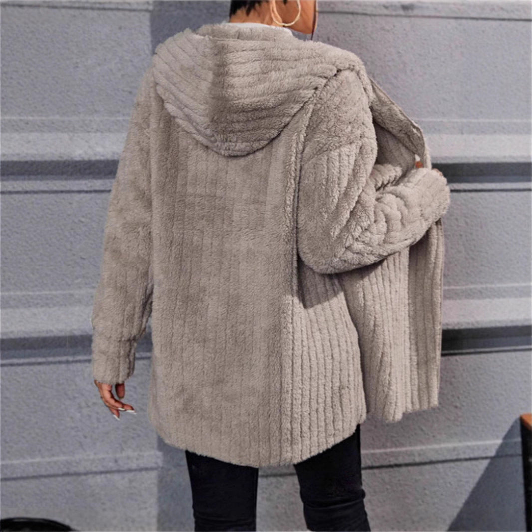 Damen kuschelige Fleecejacke mit Kapuze und strukturiertem Design Fudus