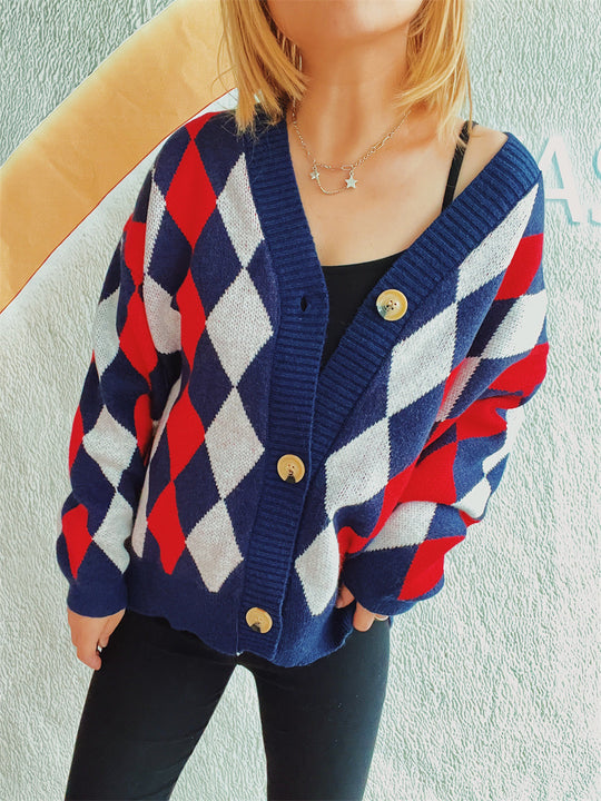 Damen lässige Strickjacke im Rauten-Muster mit goldenen Knöpfen Fudus