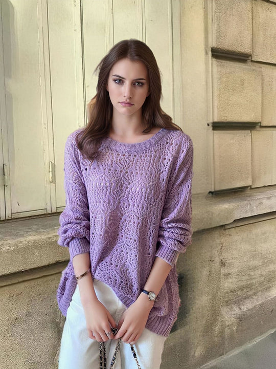 Damen Grobstrick Pullover im modernen Spitzenmuster Fudus