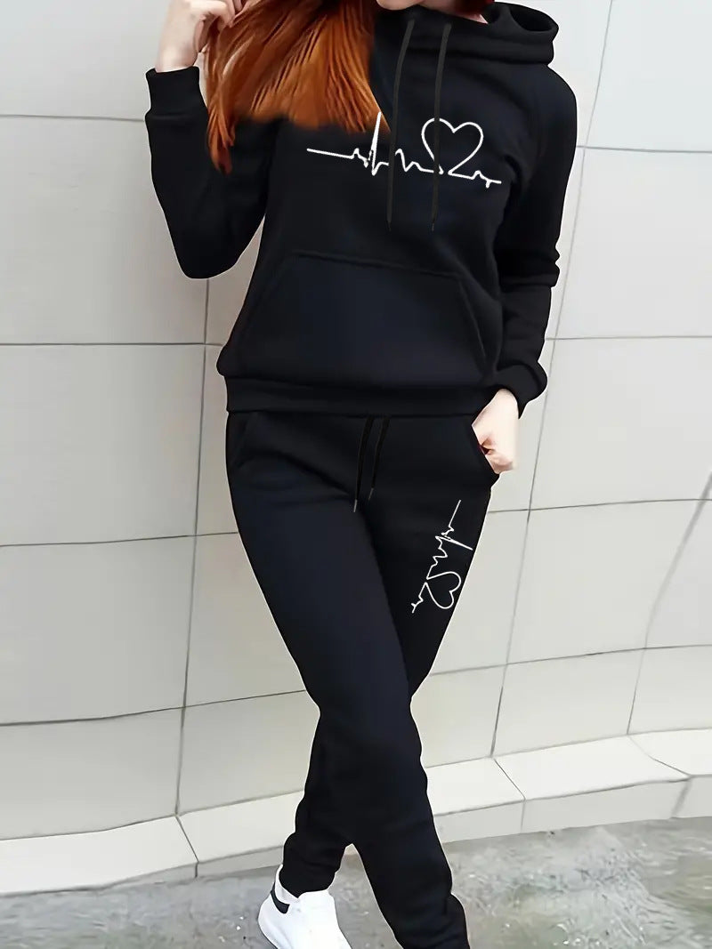 Damen Hoodie und Jogginghose Set mit modernem Herzmotiv Fudus