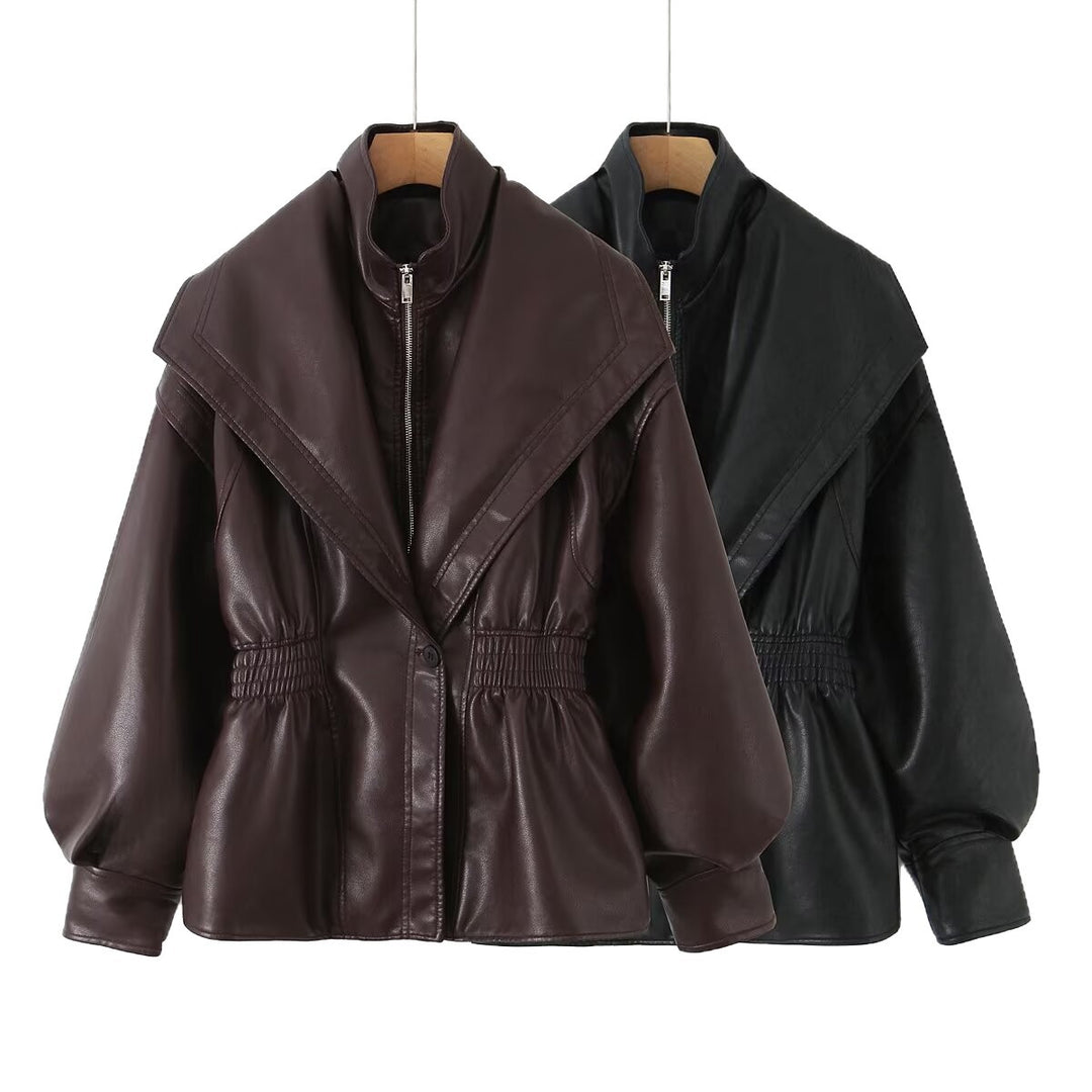 Damen Kunstlederjacke mit asymmetrischem Kragen und tailliertem Schnitt Fudus