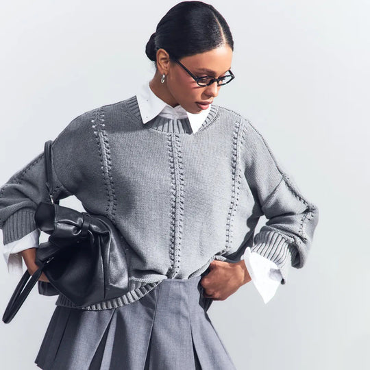 Damen Grobstrick-Pullover mit luftigen Details und überschnittenen Schultern Fudus