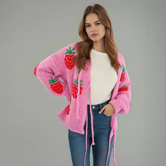 Damen kuscheliger Pullover mit fruchtigem Erdbeer-Motiv Fudus