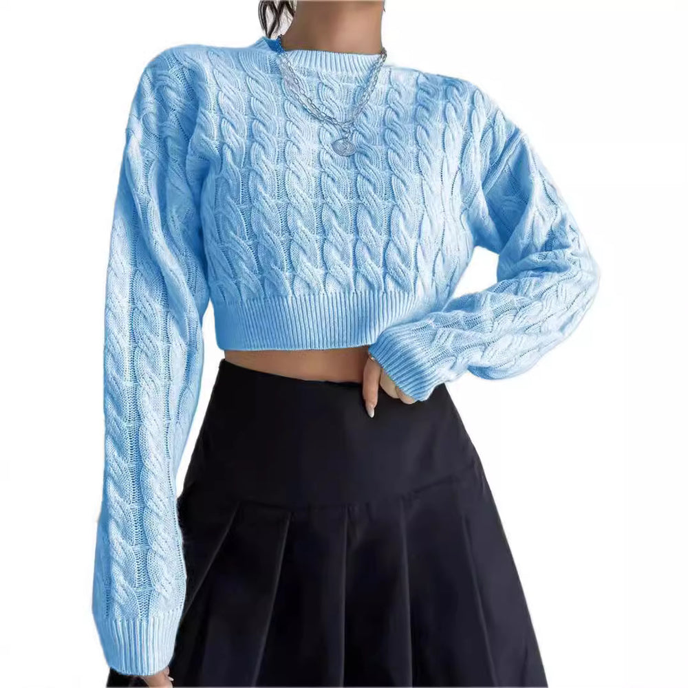 Damen modischer cropped Strickpullover mit Zopfmuster Fudus