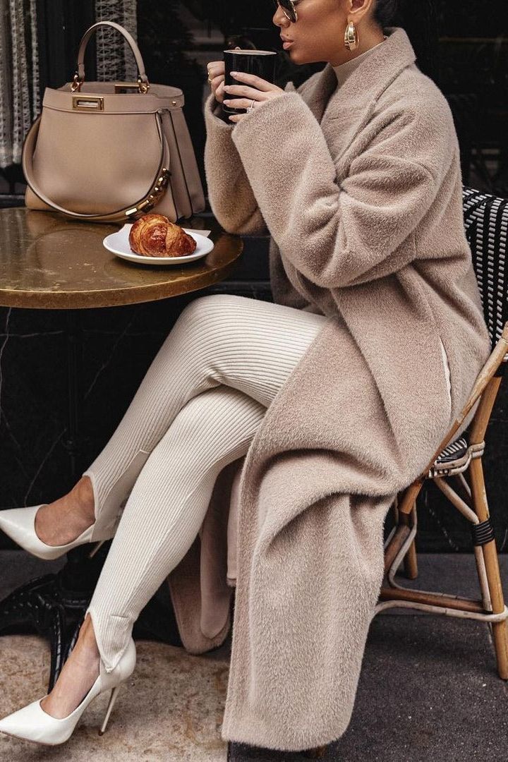 Damen Plüschmantel Langer Reversmantel Elegant