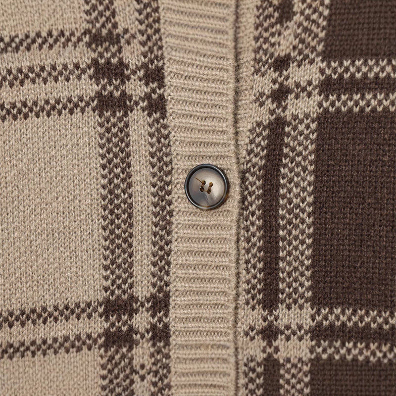 Damen modischer Karoknit-Pullover mit Knopfleiste und Rundhalsausschnitt Fudus