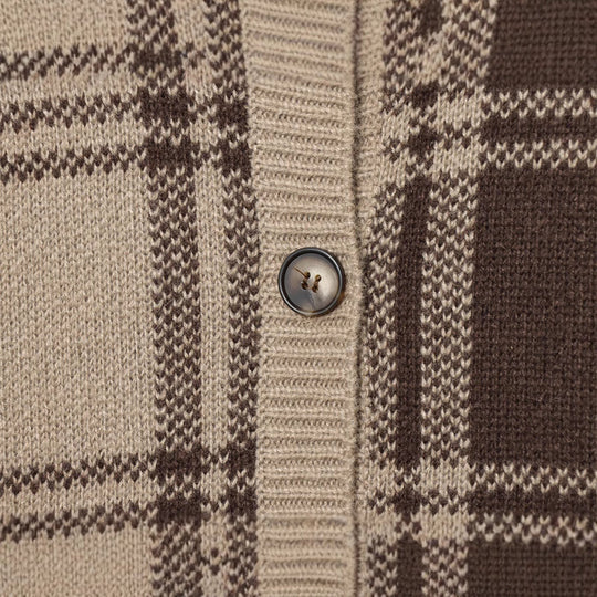 Damen modischer Karoknit-Pullover mit Knopfleiste und Rundhalsausschnitt Fudus