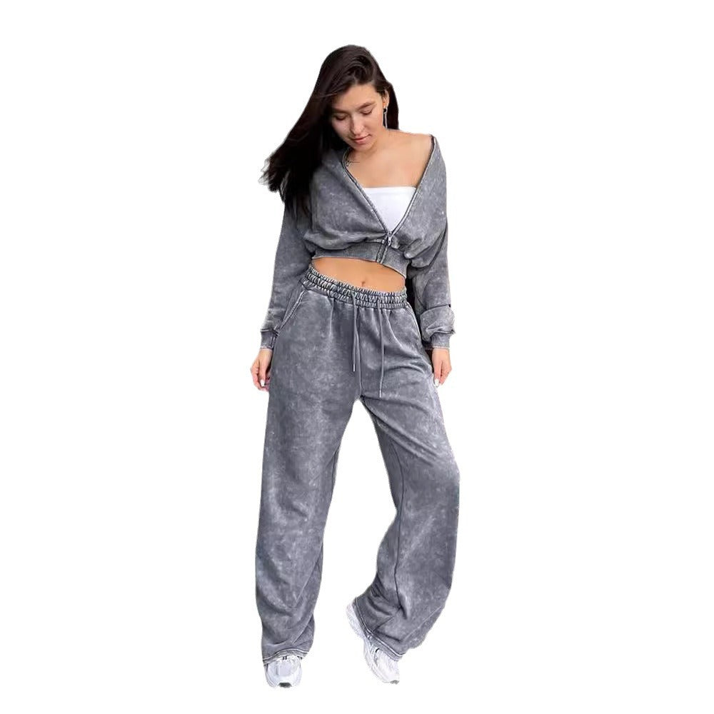 Damen modischer cropped Kapuzenpullover mit Reißverschluss und lässigen Jogginghose Fudus