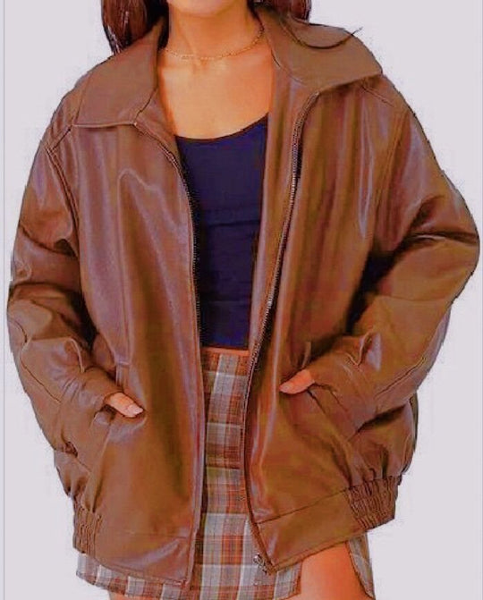 Damen lässige Lederjacke mit praktischen Taschen und hohem Kragen Fudus