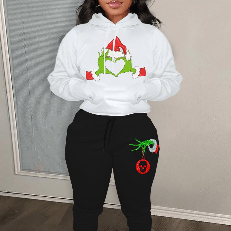 Damen Hoodie und Jogginghose Set mit kreativem Weihnachtsmotiv und bequemen Schnitt Fudus