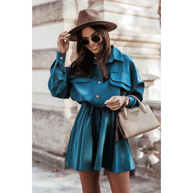 Damen Hemdblusenkleid mit elegantem Bindegürtel und praktischen Taschen Fudus