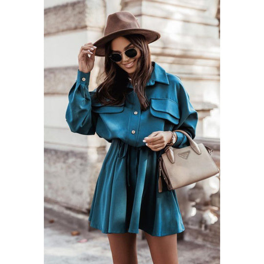 Damen Hemdblusenkleid mit elegantem Bindegürtel und praktischen Taschen Fudus