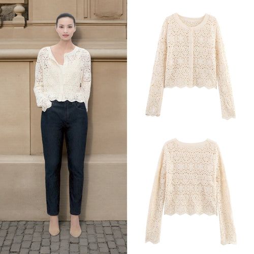 Damen lässige Strickjacke mit floralem Lochmuster und Knopfleiste Fudus