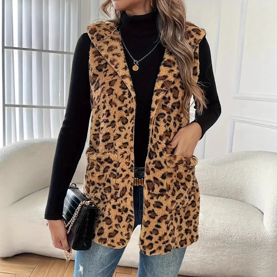 Damen kuschelige Weste mit Kapuze und Leopardenmuster Fudus