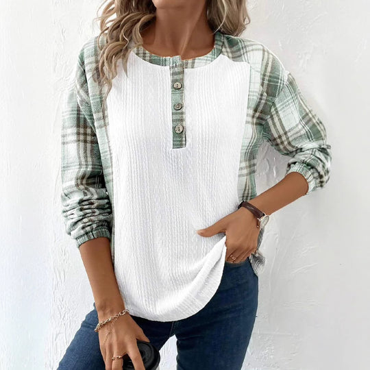 Damen Langarmshirt mit modischem Karomuster und Knopfdetails Fudus