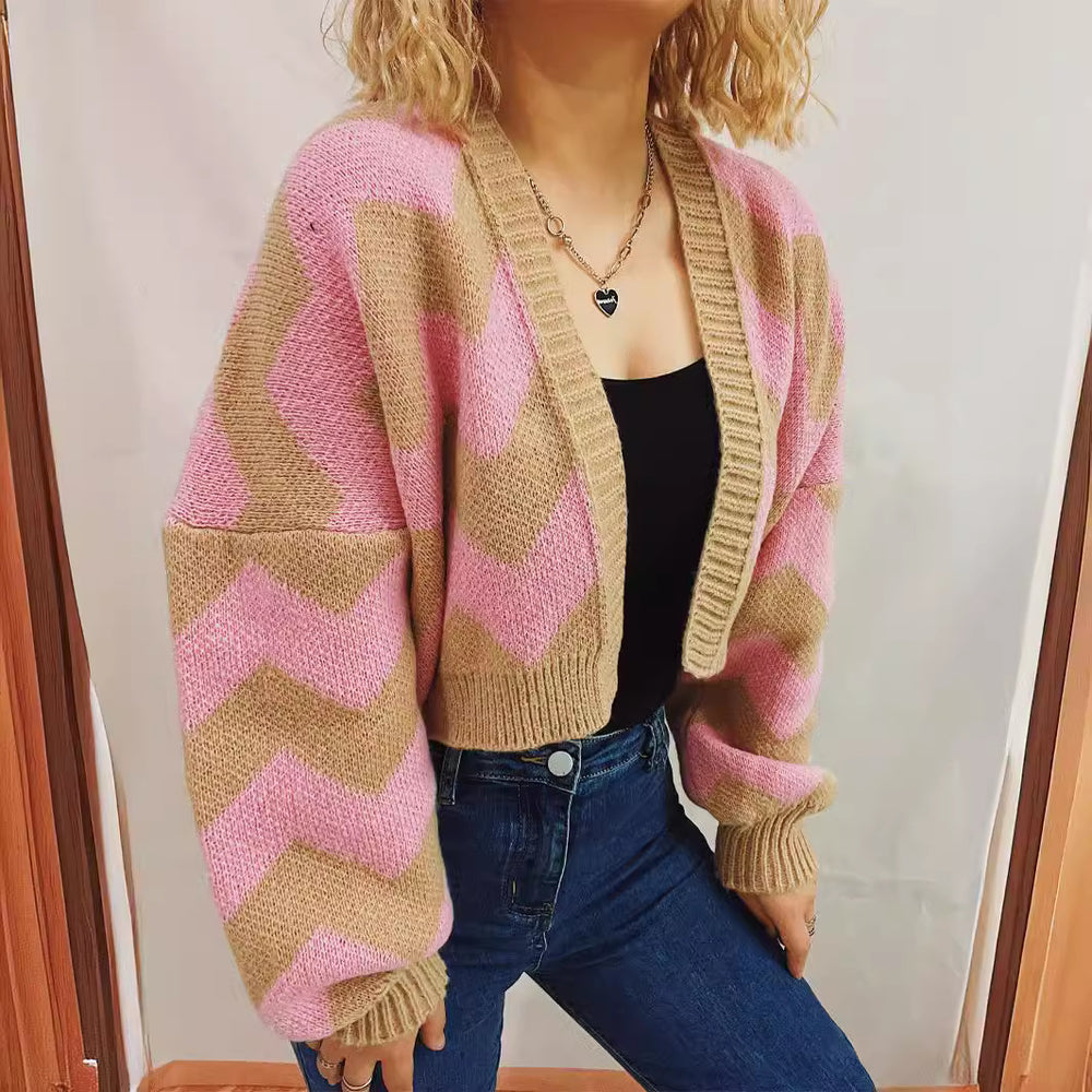 Damen Grobstrickjacke mit modernem Zickzack-Muster und weitem Schnitt Fudus