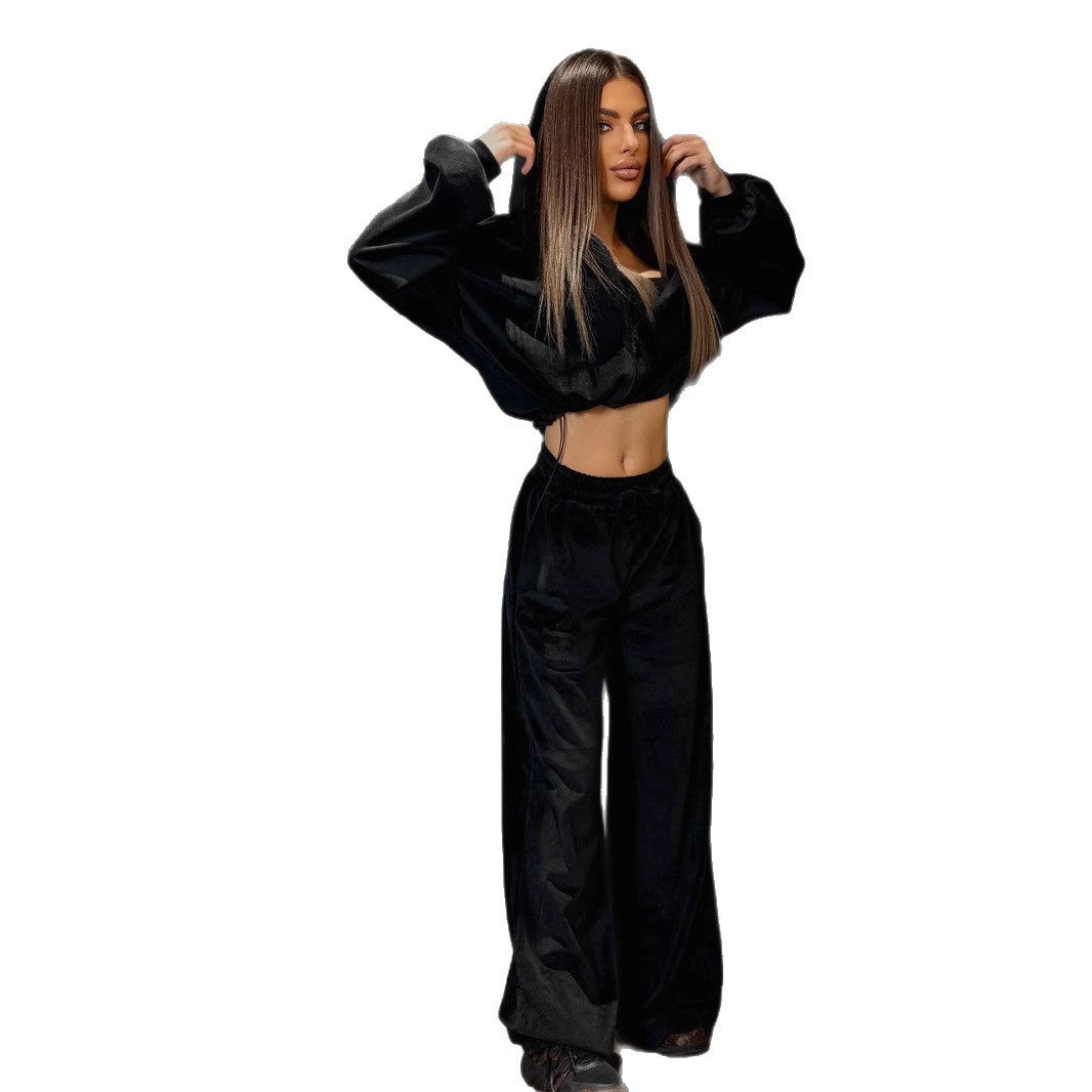 Damen kuscheliges Velours-Loungewear-Set mit weitem Schnitt Fudus