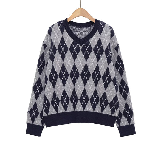 Damen klassischer V-Ausschnitt Pullover im Rautenmuster Fudus